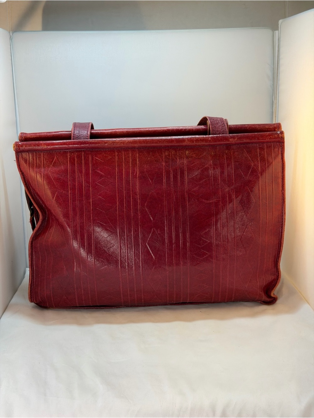 Vintage Tribal Print Burgundy Leather Tote Bag